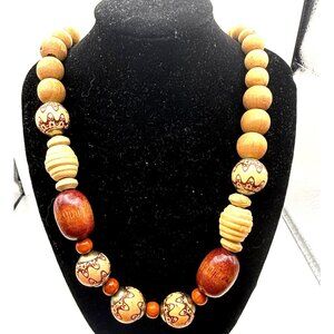 Vintage Boho Wooden Bead Statement Necklace Hand Painted Beads